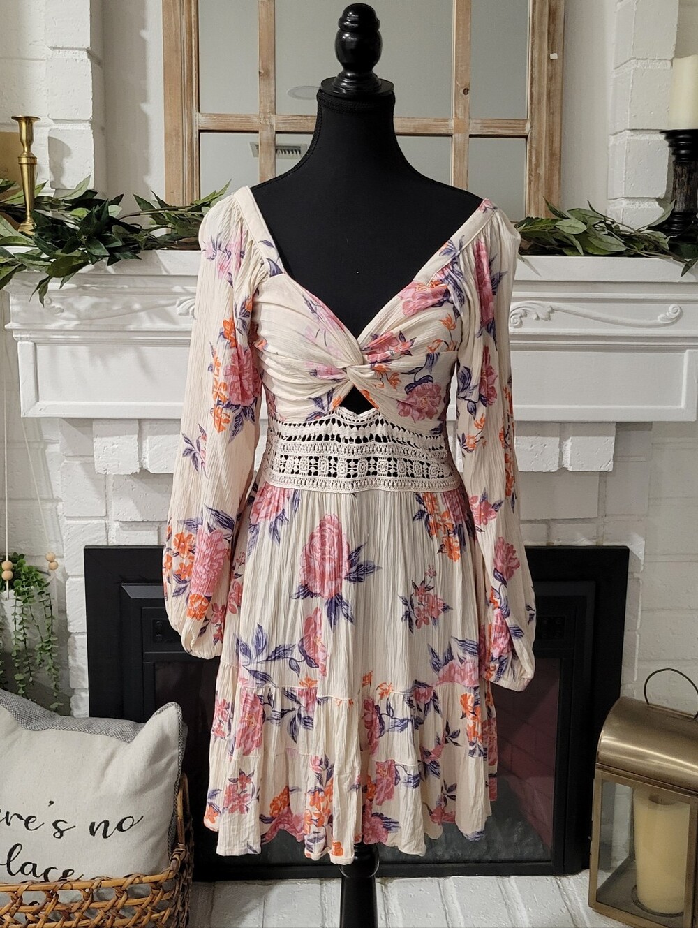 Angie Cream Floral Twist-Front  Mini Dress with Crochet Waist Size Large